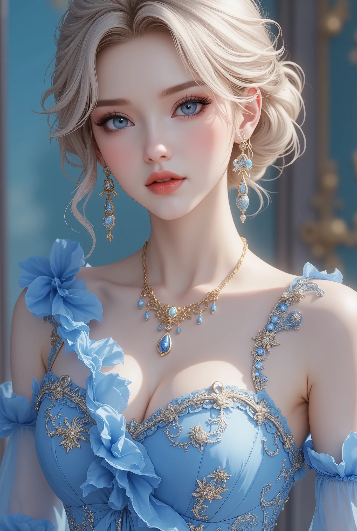((blue&Gold duet!Just these two shades create a visual))Cool beauty、Vivid and Seductive Expression、Blonde sparkling shiny silky updo、Superb body proportions、キラキラとエレガントでゴージャスなblueのサテンのホルタードレスを着て、accessory、((Golden palace ball))、Professional and perfect composition、is very well described、very sharp image、Various effects、 bold and dynamic、((blue光と影のコントラスト))、2.5D、 artistic pictures、is overexpressed、Super Detail、absolute resolution、 masterpiece(Slit to the waist),long legs、(blue high heels),((彼女はblueのオーラが漂っている)),