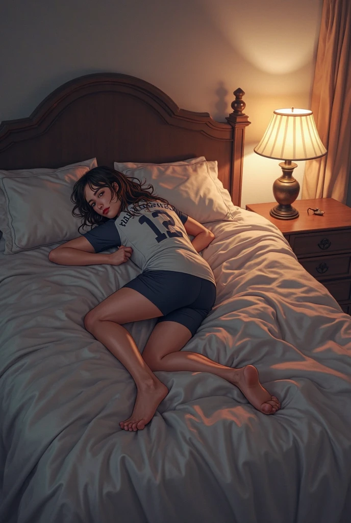 (masterpiece, photorealistic:1.4, extremely intricate:1.3), (photon mapping, radiosity, physically based rendering, ultra resolution, hyper-realistic, 8K), dtx, ((solo Japanese 1girl athletic thirty years, makeup:0.2, short straight black glossblack bob hair, colorful flowerprint jumper, loose terrycloth shorts, ((36 years old, [skin detail:freckles:0.7])))), eyes closed, peaceful, touching groin, hand on crotch, lying down, tilted side, sleeping, white satin bedsheets
