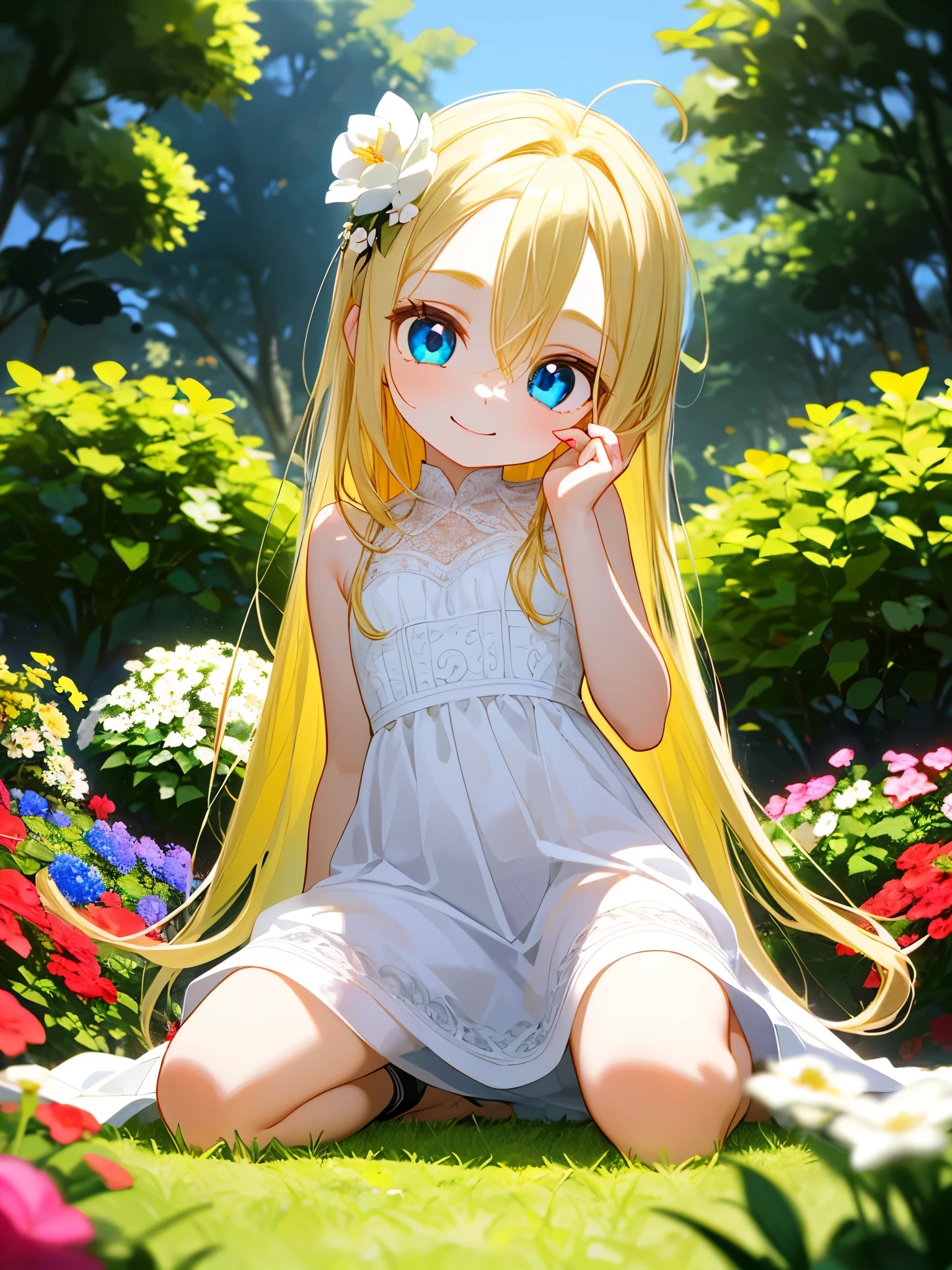 toddler,1girl,,,very long blonde hair,blue eyes,pale skin,detailed beautiful eyes,(small eyes:1.4),(forehead:0.9),messy hair,,A garden filled with beautiful flowers,,,from below,,,Beautiful white dress,kneeling,,,boredom,,,(head tilt:1.3),tsurime,,detailed fingers,smile,Close ~ eyes,,,,,,,