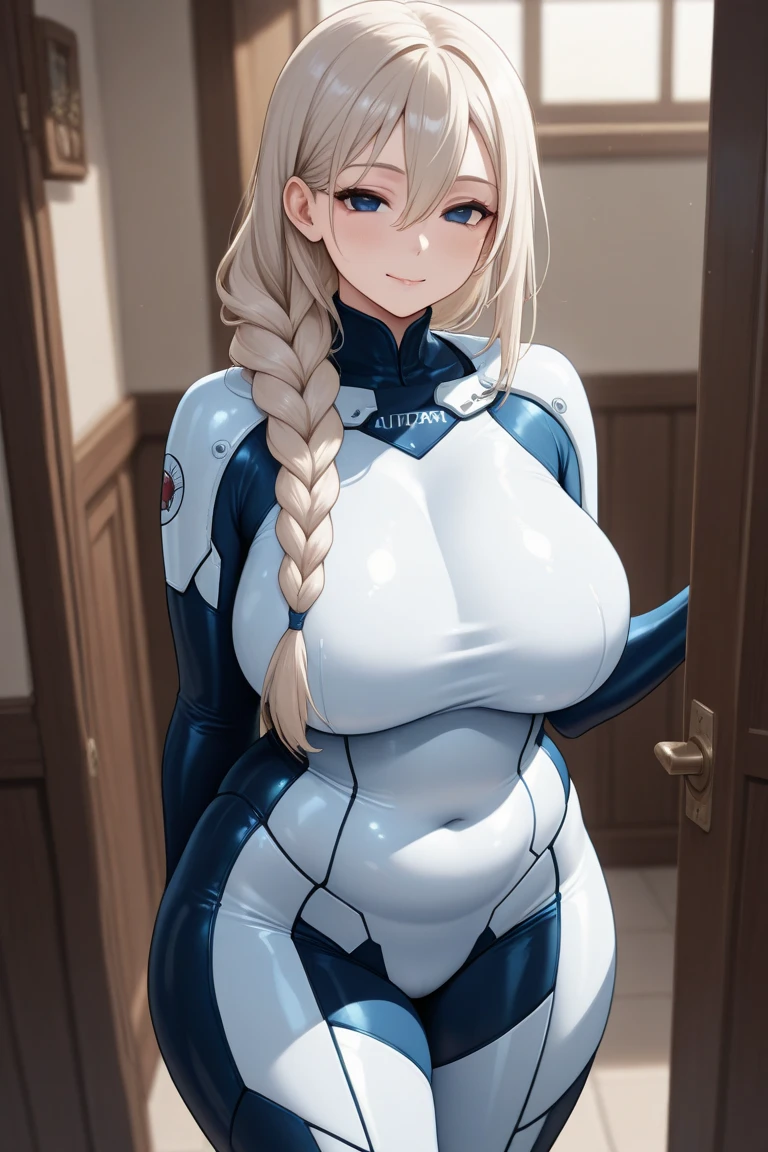 (masterpiece, best quality, detailed), 1girl, solo, looking at viewer, white Plugsuit, skin tight, wearing Plugsuit bodysuit, stairs, indoors, stairwell, dark, night, shadow, hands on feet, smile, closed mouth, (gigantic breasts:1.3), curvy body, mammasize,