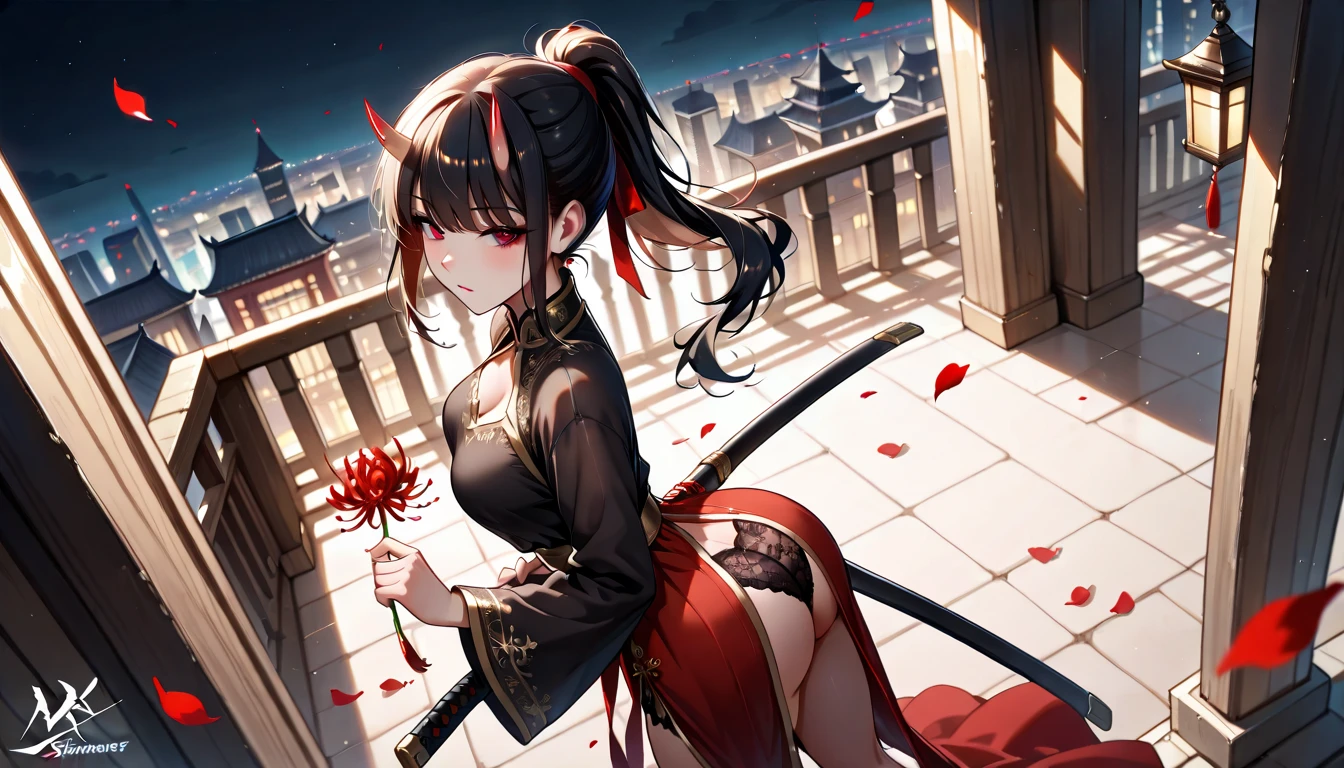 ((best quality)), ((masterpiece)), (Costume hairstyle,Air bangs,Blush,Angel wings on the back,Bright beautiful eyes,Long eyelashes,Off-the-shoulder Hanfu,(Rose red embroidered dragon and phoenix pattern Hanfu),antiquity), thight, ass, breast