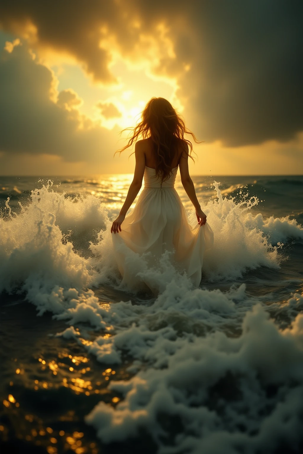 People Dancing on the Sea Surface, aesthetic, extremely detailed, (best quality,4k,8k,highres,masterpiece:1.2),ultra-detailed,(realistic,photorealistic,photo-realistic:1.37), dancing on the sea surface, colorful, aesthetic, surreal, vibrant, graceful movement, heavenly atmosphere, Jim Burns, Daniel Gerhartz, Trending on ArtStation, ocean waves, sunset backdrop, energetic tempo, professional lighting and shadows, floating dresses, flowing hair, mesmerizing choreography, artistic interpretation, dynamic poses, soft golden light, dynamic brushstrokes, ethereal ambiance, sparkling water, expressive emotions, lively music, magical evening scene, joyous celebration, captivating performance