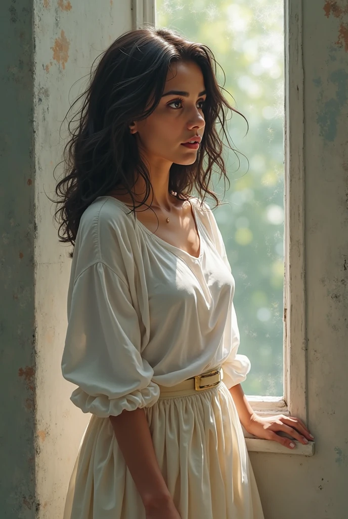 Create an image of a mother with medium length curly black hair, wears striped pajamas, hearing God speak to her in the morning