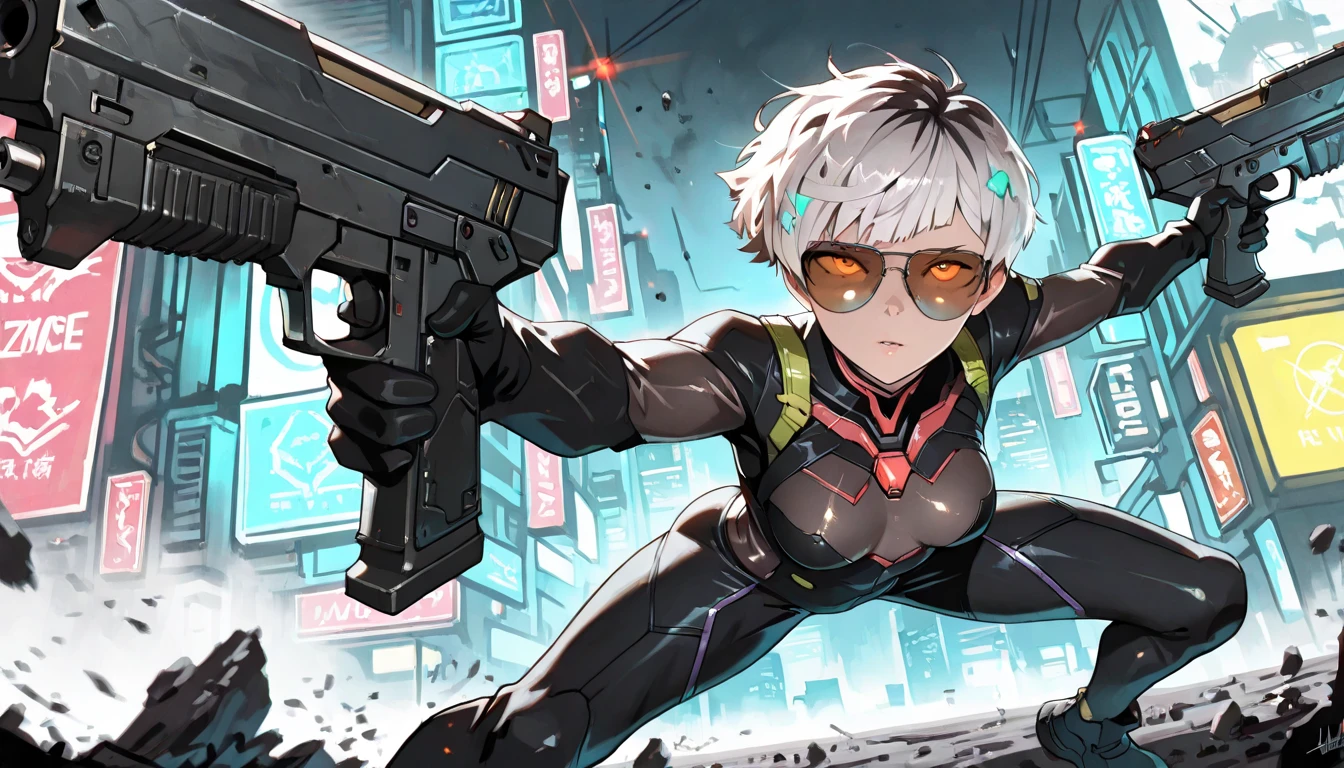 masterpiece, best quality, 1girl, short messy hair, white hair, angry, eyepatch, camo outfit, (Text Bubble), Border, (profiles:0.7), 3 panels, robots and cyborgs, <lora:manhuav1.2:0.9>, monochrome, lineart, comic about future city streets,  <lora:msm_a3:0.7>,  <lora:80sv1:0.5>, monochrome,