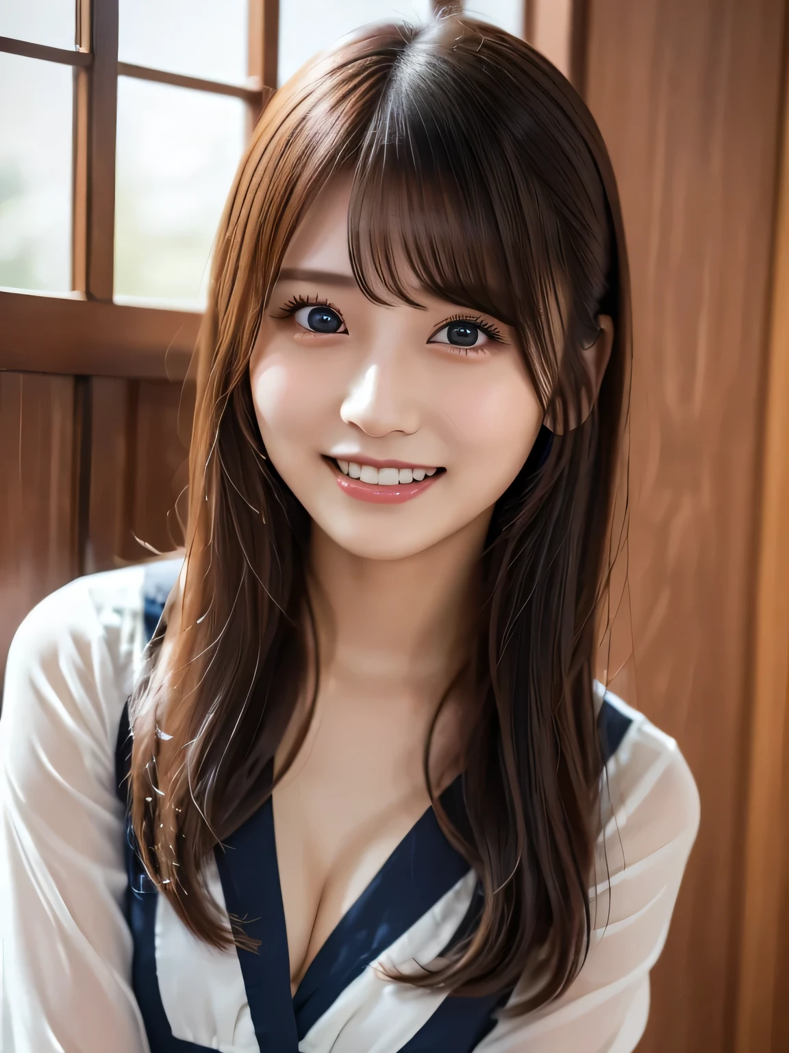 (Photoreal:1.4), (Super detailed), (highest quality), (best shadow), (masterpiece), ultra high resolution, 1 female, alone, bob hair, (blue blouse:1.2), (big breasts), smile, portrait, Depth of written boundary, With background: (living room)