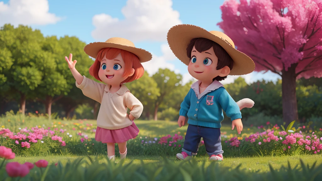Girl and boy in the flower park, happy