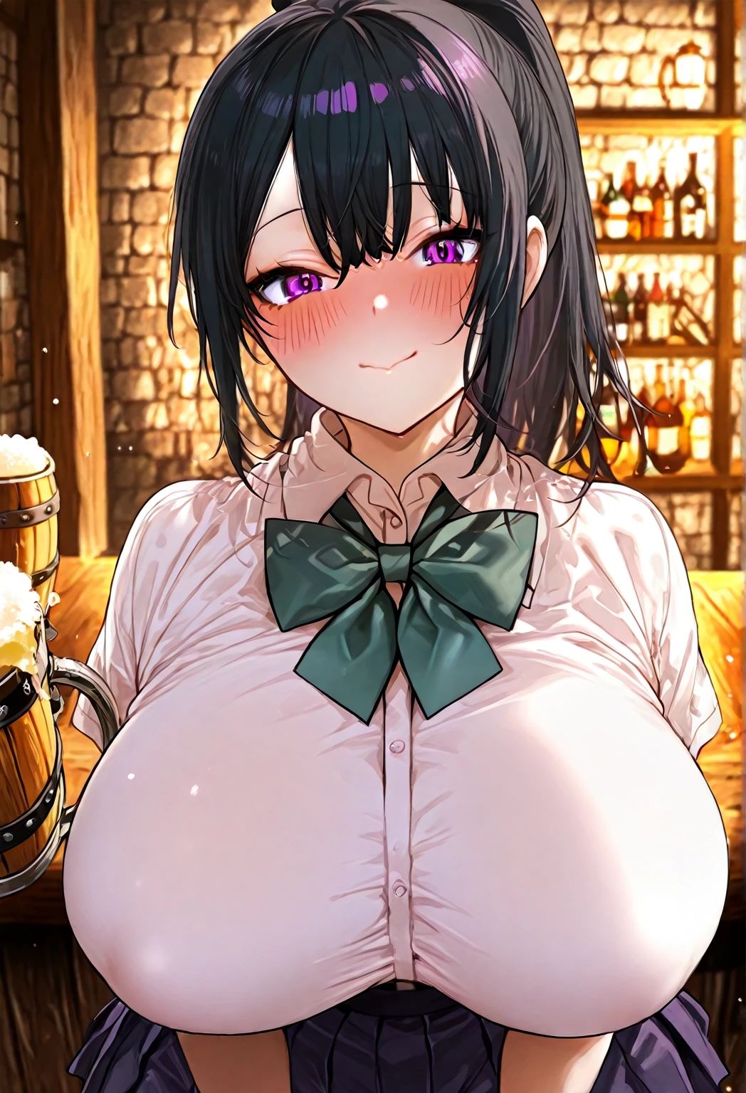 image in light novel cover style, detailed.
A 46-year-old woman wears a very tight blouse over her large breasts. She has double D glasses in the middle of her top, she is in a night bar, she has black hair and is not very attractive ((whole body)) she has an ugly face, beautiful body
best quality, art, detailed face