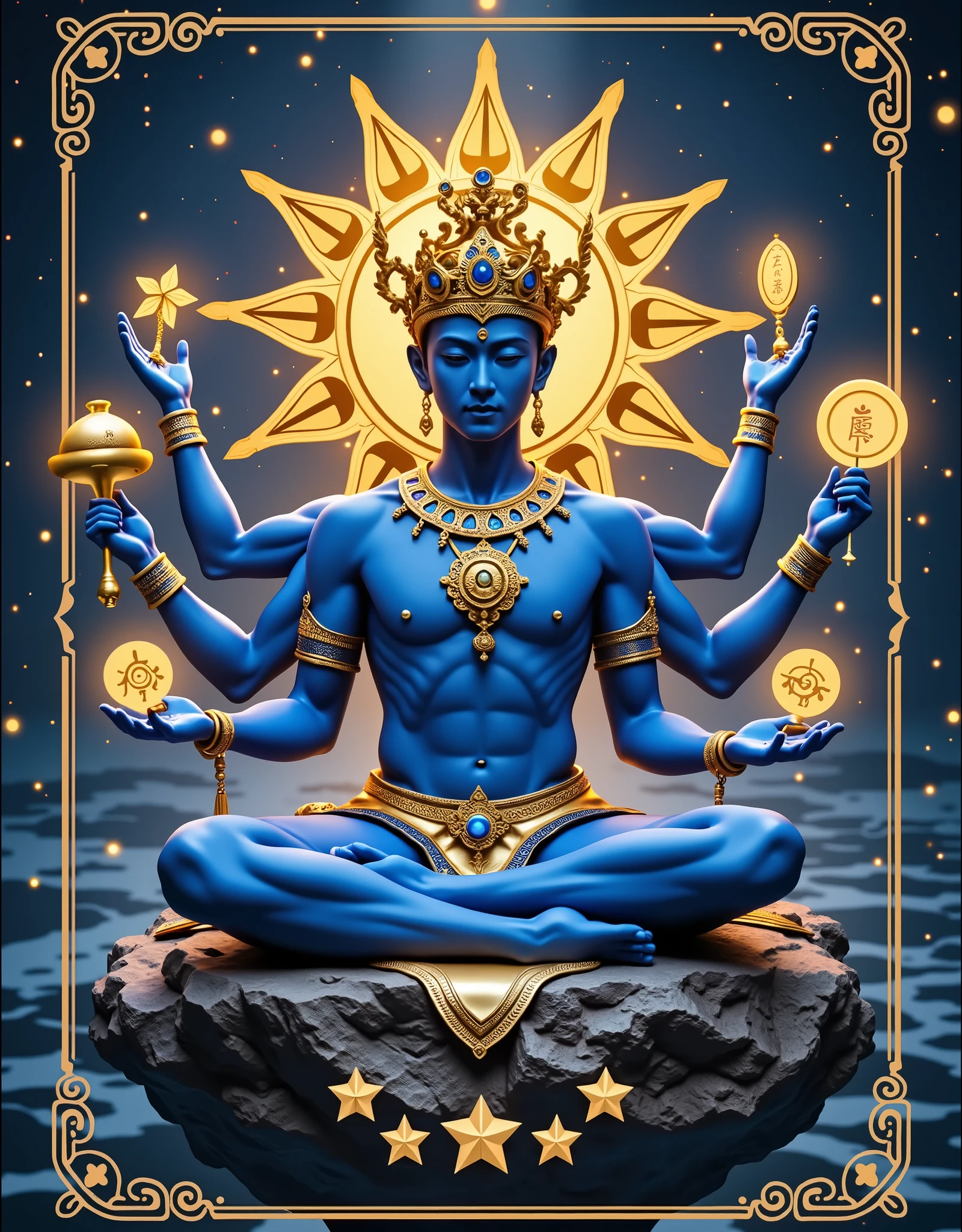masterpiece, Reality, best quality, Ultra High Resolution, Blue and Gold Duet, Play cards , In the middle of the card is a disc of Asian male gods meditating, young, Handsome, Dark Blue Skin,  [Six Arms ，Each hand holds a golden glowing treasure: Hand Ringer Bell, sword, Gossip Mirror, Golden Circle, Little Golden Hammer, Yu Ruyi  ],  Decorated Gold Jewel Crown, Gold Glittering Gemstone Ornament, Gold Back Halo, naked upper body, Dark Blue Starlight Shorts, Full Body Gold Luxury, border above the card, in each hand All cards have a golden border geometric pattern, Horizontally arrange five golden star-shaped geometric patterns in the center of the card just below the border above the card, Soft Background, Complex Composition,