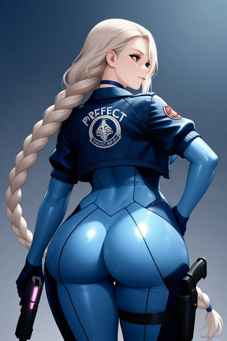 masterpiece, highest quality, best quality, official art, beautiful and aesthetic: 1.2), (1girl), extremely detailed, (fractal art: 1.3), colorful, highest detailed, perfect face, upper body, HDR, (prayer: 1.3), (dynamic stripes, luminous traces: 1.2), bright colors, seras, garage, mechanic, standing, ass focus, breasts, large ass, bare ass, naked, nude, ass window, sexy, wide hips, thicc figure, Detailed blue eyes, Detailed face, Detailed eyes, perfect face, perfect eyes, wearing blue jumpsuit, jumpsuit, blue jumpsuit, looking back, looking at viewer