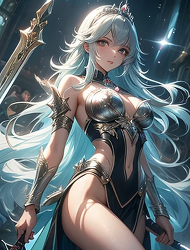1girl, cloud, weapon, sky, armor, breasts, cloudy sky, long hair, solo, cleavage, sunset, twilight, outdoors, holding weapon, looking at viewer, holding, gauntlets, cleavage