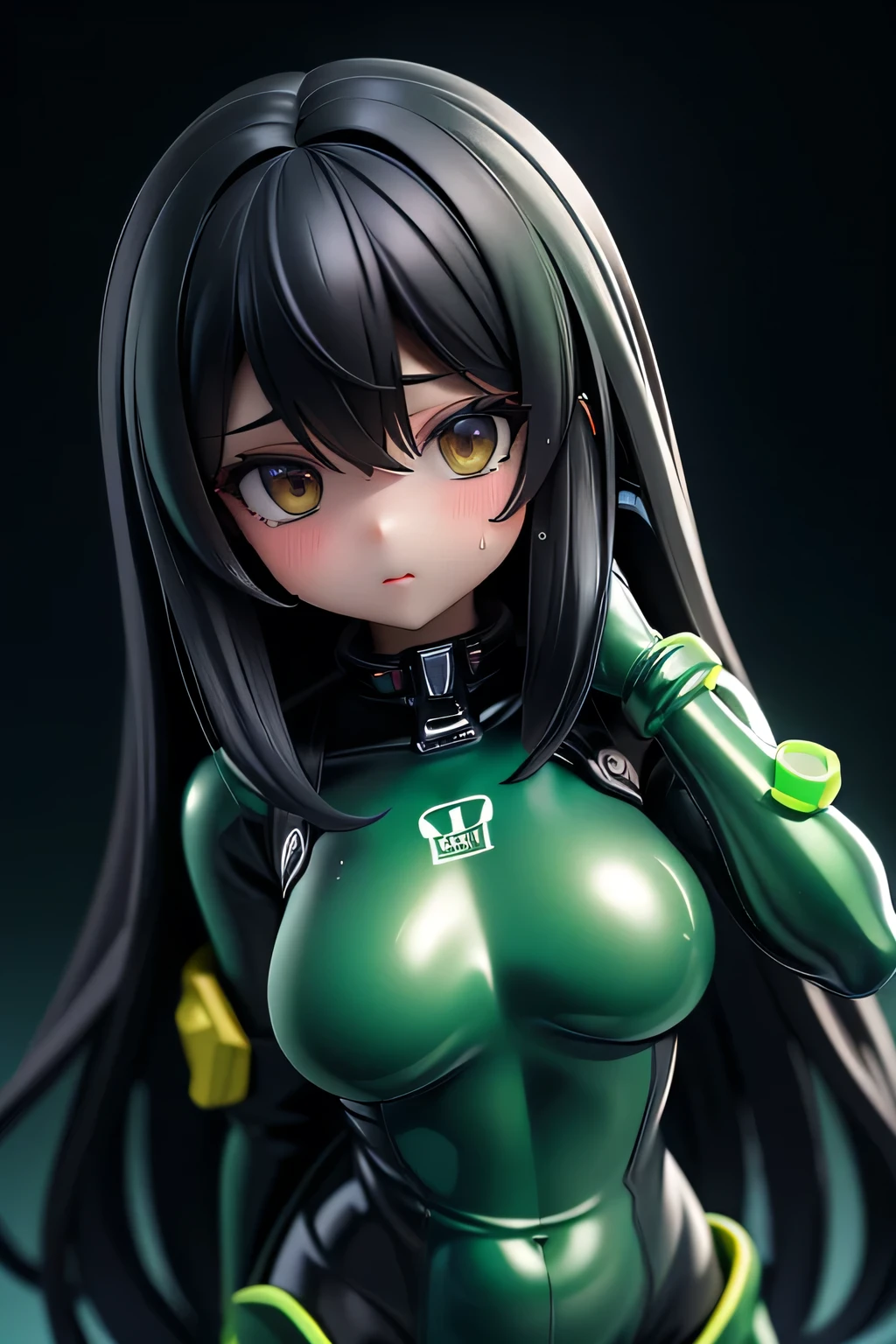 完璧な解剖学 best quality,highest resolution,(((shiny dark green spacesuit bodysuit shiny black hair long hair shiny skin sweat))) Space Opera spaceship cockpit flat chest pirate
