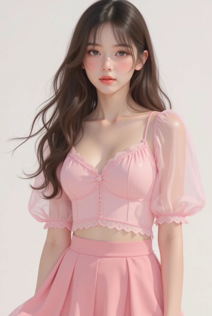 4K beauty，Pink short shirt(Navel)，Mini plaid skirt(2cm)，White garter stockings，Butterfly decoration on chest，Maid headdress，Big breasts，Lift up your skirt