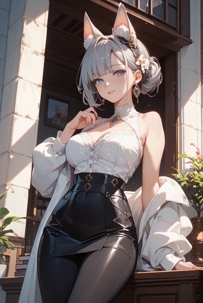 (Masterpiece, Superior quality, Best Quality, Official Art, beautiful and aesthetic: 1.2), ultra detailed, intricate details, amazing illustration, award-winning art, atmospheric, REST, 1 beautiful girl, (17 year old girl), Very detailed, colorful, higher details, BREAK, 1 girl en, (beautiful:1.5), (cool:0.8), (beauty:1.5), (Chibi:0.5), (girl de 17 años), (girl, Older sister, unclear , Beautiful face of Japan:1.2) BREAK, (A detailed eye,Tsuriformes:1.2),(silver hair,Long hair tied up in a bun,Deco:1.8),(huge breasts:1.35),star eye silhouette, (long eyelashes, double eyelids:1.2), neckline, swinging udder, clear skin, Beautiful skin, shy, erect, clear skin, Beautiful skin, shy, shiny skin, (rostro de Best Quality), (Premium bright eyes), (la mejor SMILE ,Doya&#39;s face: 1,45), BREAK, in a coffee, beautiful and sensual blue eyes, SMILE, dressed as a French maid, white ruffled apron, breast lifting corset, BREAK eating cotton candy with a stick facing each other BREAK,wakame,wakame,wakame,( cowboy photo: 1.4), REST, (blurred background: 1.3), (absurderes, high resolution, Super detailed art), cell shading, Light color, Solitary optical effect, beautiful images, bright glow, mystical atmosphere, (Primer plano de girl: 1.1), mystical light particles effect, manga influence, clean line drawings,