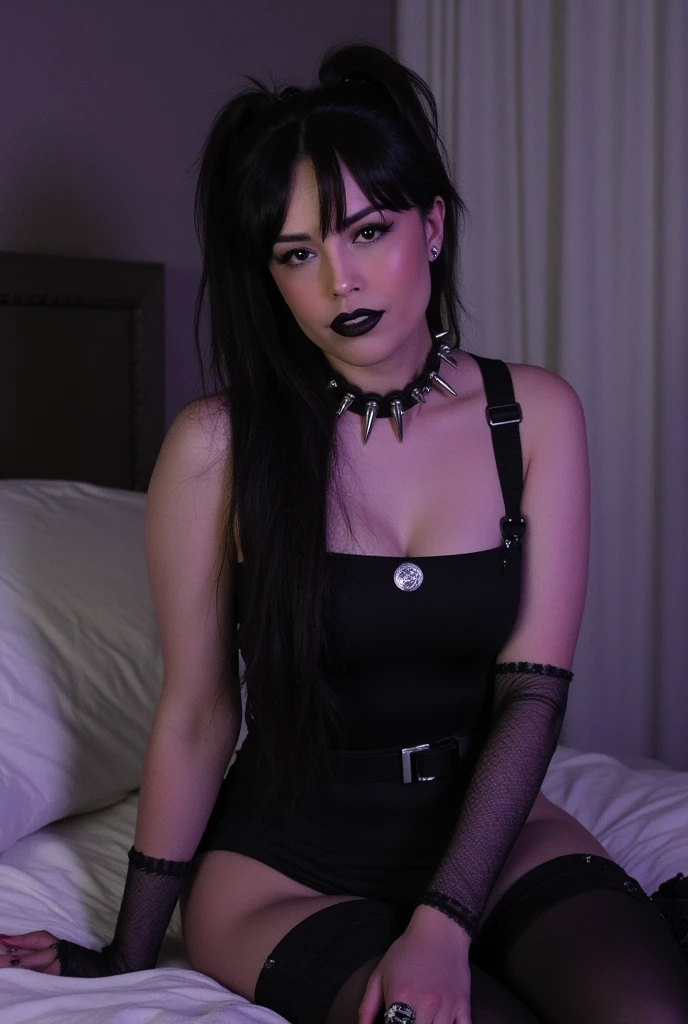 Black hair, pale skin, blue eyes, black lipstick and nail polish, legs spread, fingers spreading open vagina, playfully biting bottom lip