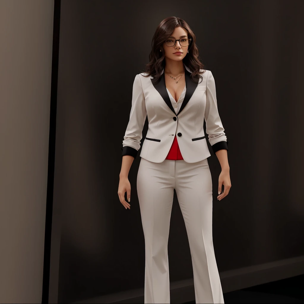 A beautiful futuristic doctor. She wears a buttoned white polo shirt, black jacket, black medium skirt. She has medium black curly hair, wears metal-framed glasses.
Dark light, menacing atmosphere, fearful expression, lighting cimatographic, syfy, futuristic, spaceship, spaceship. She's scared in a defensive pose, an expression of fear, ready to fight the run. An antentatious, standing body posture, possession of attention and precipitation.