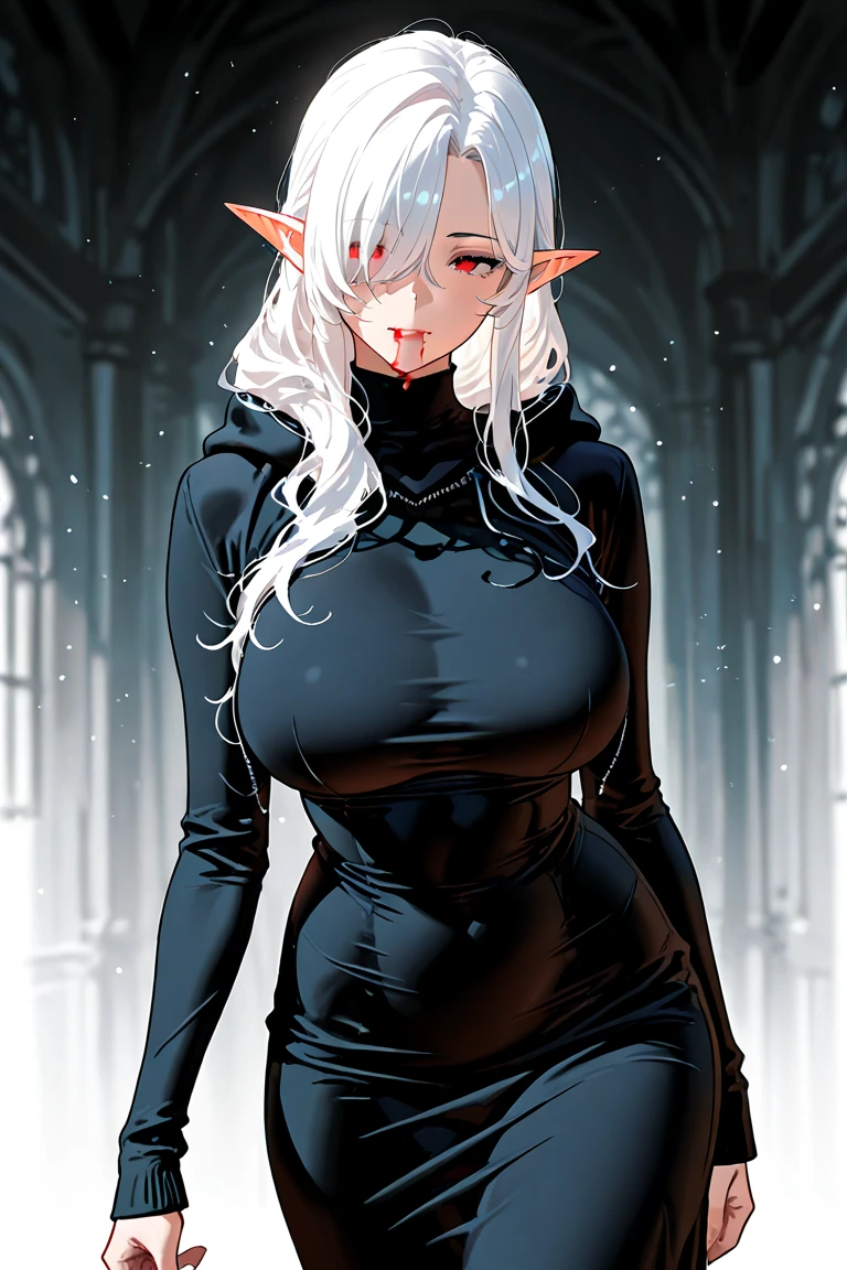 (Artwork: 1.2), (best quality, Official Artwork, Masterpiece, 8k, HD, Ultra-Detailed), 1 woman, elf woman, mature, tall (2.11), a beautiful 32 year old woman, dark skin, white hair, straight hair and bright, (hair over one eye), (big hair), (eye red like blood), ultra realistic eye, super detailed eye, eyes well proportioned to your face, extremely detailed eye, perfect eye, extremely realistic eye, well-lined eye, long eyelashes, Anime style, perfect face, face that looks about 32 years old, full lips, smiling, mature, Dark skin, natural body, sexy body, MILF body, (ideal body proportion), perfect hands, detailed hands, fine hands proportioned to the body, realistic hands, arms with good anatomy, she was wearing only an immaculate black dress that still could not hide her huge and large breasts that drooped due to her size, thick thighs, wide hips, Looking at the viewer, configuration of background, setting in an forest with wooden houses in the background, ultra-detailed, posing alone Looking at the viewer