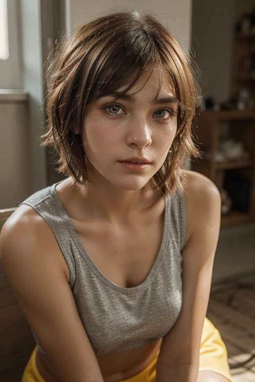 Top Quality, Masterpiece, High Resolution, 8k, (barely legal skinny tomboy girl in oversized silky shirt with plunging neckline under the armpits and wetlook leggings, wide neckline under the armpits, short top, short sleeves, very shiny), (random short hair style, bare belly, small perky breasts, detailed face, detailed eyes, detailed lips, small hips), random neon color, full body from side