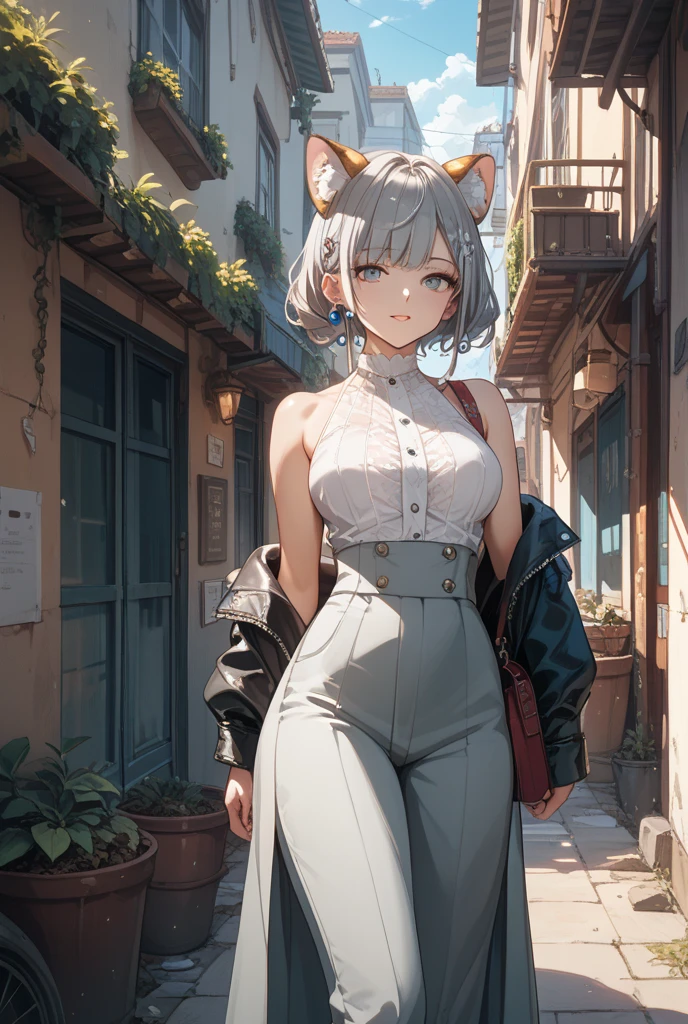 Gray Hair、beauties、skirt for ears、 pants in full view with the building in the background、Erotic、in a dim back alley、in a cell