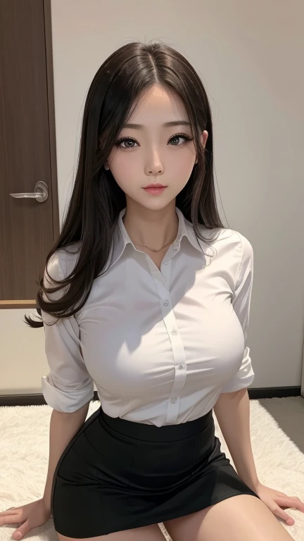 beautiful female k-pop idol, in collared shirt, long pleated skirt, dark-blue skirt, medium-length sleeves, (gigantic breasts:1.2), her face is visible, full-body portrait, shot on sony a1, 85mm F/1. 4 ISO 100, medium format, 45 megapixel, studio lighting, softbox, high shutter speed flash photography, award-winning photograph with golden ratio composition, look at viewer