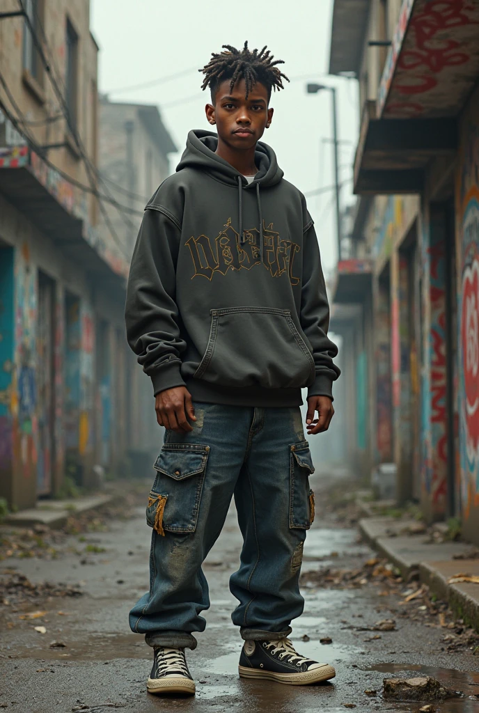 I want a black boy with curly hair,wearing a sweatshirt with 4BLOCC written on it, inside an alley holding a bag and a gun on his waist, I want there to be blocks of buildings in a favela in the background, and it has to seem like it has some , he is wearing a nike jordan on his feet and chains around his neck, a pendant with the word DG written on it