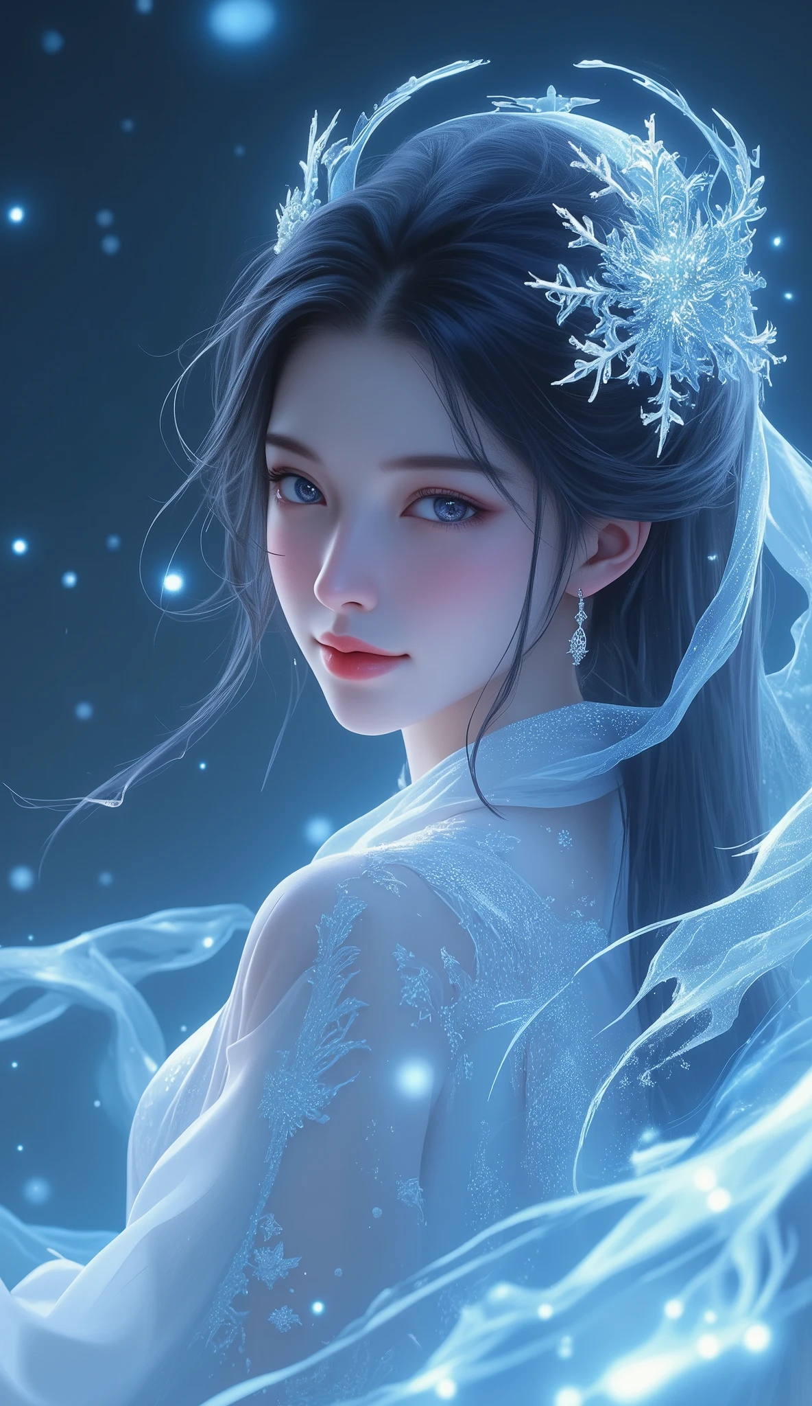 Snow Goddess, Divine Presence, extremely details, high detailed face, upper-body, gorgeous woman, glossy eyeshadow, Flowing White Kimono, Snowflakes, glossy lips, Soft and Delicate Features, Realistic Facial Details, Snowflake hair ornament, Mesmerizing Eyes, Ethereal Glow, Long Silky Hair, voluminous hair, Serene Expression, Elegant and Graceful, lossy lips, Beautiful Woman, Soft and Delicate Features, Realistic Facial Details, Mesmerizing Eyes, Galaxy Reflection in Eyes, Cosmic Glow, Mystical Aura, Floating in the Wind, Soft Blue Light, Sacred Atmosphere, Fantasy Aesthetic, Blossoming Trees, Tranquil Beauty, Enchanted Forest, Ancient Deity, Celestial Energy, Ethereal Beauty, Smooth Skin, Subtle Lighting, High Detail, Dreamlike Atmosphere, Celestial Aesthetic, Radiant Colors, Deep and Expressive Gaze, Stunning Visuals, Fantasy Blend, dark background, shadow on face, from below, breath misted in the air, Light Blue aura, Snowflake Halo, (light smile),