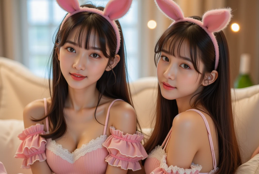 1boy and1 girl, Japanese, nsfw, 2, On all fours on the bed, Having sex, Gold micro bikini, g cup, Strapless, Bunny ear headband, White rabbit's tail, photograph, Real, (Photorealistic:1.3), Long Black Hair, Luxurious interior, Daytime, ((Highest quality:1.4)), ((masterpiece)), (family friendly), RAW , Highest Resolution, 1080P, Perfect Face, (Beautiful attention to detail), Realistic skin texture, Sexy pose, gravure