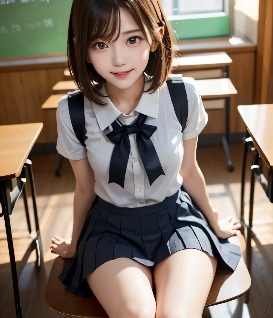 (best quality 、ultra high resolution、masterpiece)、Clear Photo、(very cute girl、 cute Yuki Yoda、idol class)、 Shiny Skin、 very short hair 、 brown hair、 thin、smile、 school classroom、 Beautiful slender girl wearing a uniform 、 sit on a chair、( open leg )、( Please raise your skirt 、 white panties )、 full body photo、(完璧な解剖学、 charming)