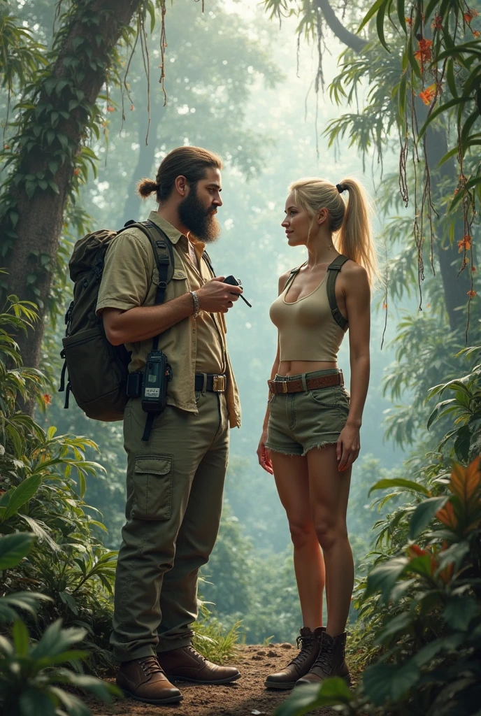 Create a 20 years old boy image and 45 years women image in deep jungle survive