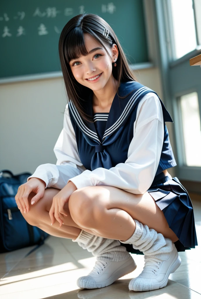 Highest quality,masterpiece:1.3,Ultra-high resolution),(Ultra high definition、Caustics) (Photorealistic:1.4、RAW shooting、)Ultra-realistic capture、Very detailed、Natural skin texture、masterpiece、(Junior high school sailor uniform:1.3)、One Japanese girl、Adorable expression、Happy expression、14 years old、Young face、Amazingly cute、Twin tails、Curly Hair、Black Hair、Scrunchie、Thinning、Medium breast、Junior high school classroom、Shining thighs、Summer sunshine、smile、An inviting gaze、Cowboy Shot