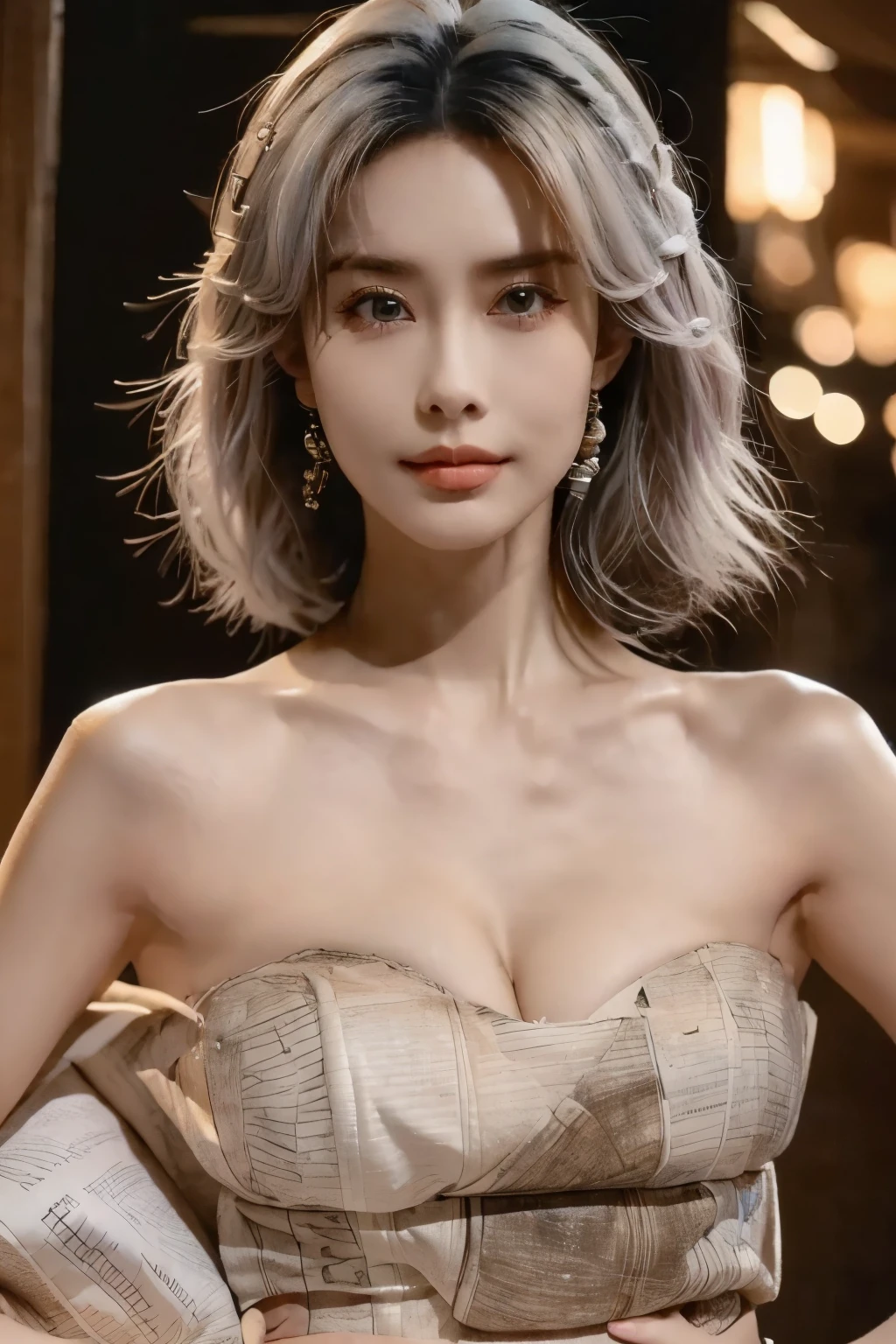 Beautiful Woman with Perfect Body:1.4,Layered Hairstyle,prominent cleavage:1.2,Highly Detailed Facial and Skin Textures,Double eyelids,Skin Whitening,has white hair,(Smile:1.3)