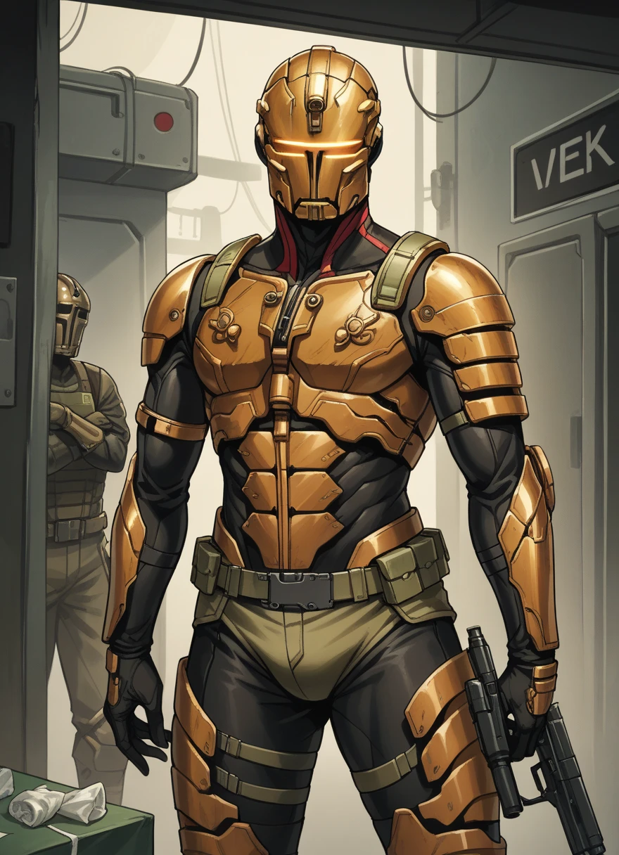  a cartoon picture of a man in armor, thick smooth warframe thighs, boy shorts, high quality colored sketch, plastic doll, metal gear solid style, cell automata, genderswap, north adult female warrior, no head, by mac conner, deviant adoptable, the doomslayer