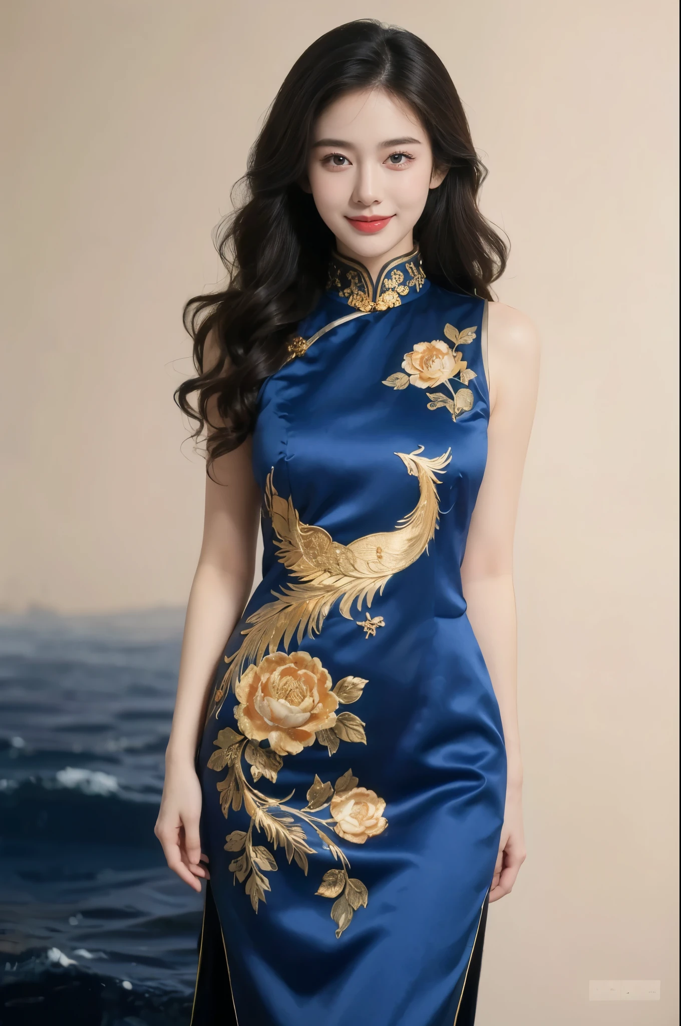 ((Night view, realistic light, best quality, 8k, masterpiece: 1.3)), 1girl, beautiful woman with slim figure, brown hair, wearing light blue cheongsam, embroidered phoenix pattern, sleeveless, sexy, split end, long legs, sofa, super detailed face, detailed eyes, double eyelids