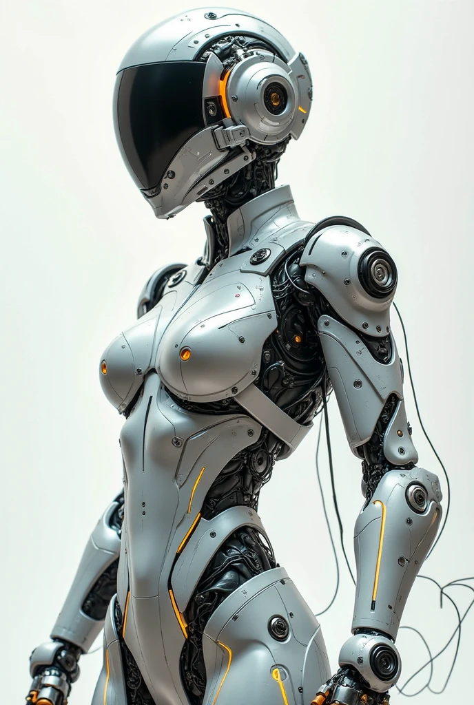A bald cyborg, Emma Watson, with loose wires, metallic skin, cybernic eyes, hoses, exposed torso, androidperson, mark brooks, david mann, robot brain, made of steel, hyperrealism, post-apocalyptic, mechanical parts, joints, mecha, j_sci-fi