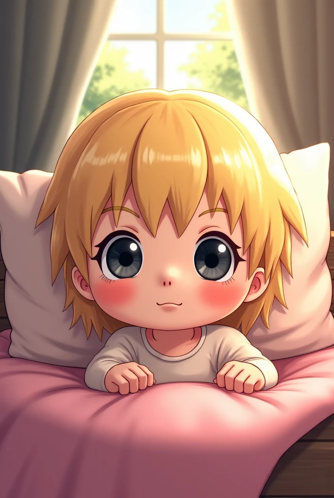 child, like , dark blonde straight hair, and turquoise eyes, wears puffy casual clothes, In the background, is in the cute pastel pink room. anime style.
