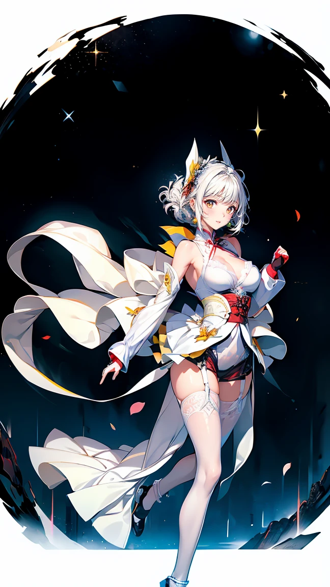Anime Style、Silver super saiyan-like very short hair、Looking up at the sky from the ground、Adult women、Raise your chin 90 degrees、Chinese-style armor with red as its base color、Very thick thighs、Black thigh-high socks、Battlefield on a rainy night、Looking up at the sky from the ground、Six-pack、I can see my armpits, crotch, and navel.、