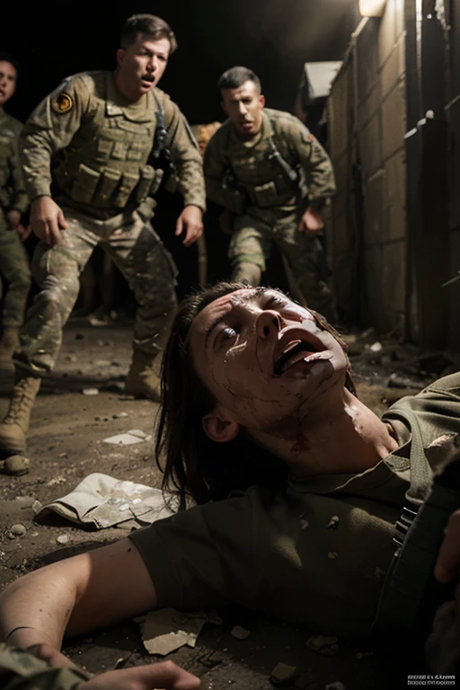 The final moment: A soldier on the ground, wounded, looking up in horror as his comrades fall, shot by their own commander. The chaos of war contrasts with the personal betrayal of the twist.