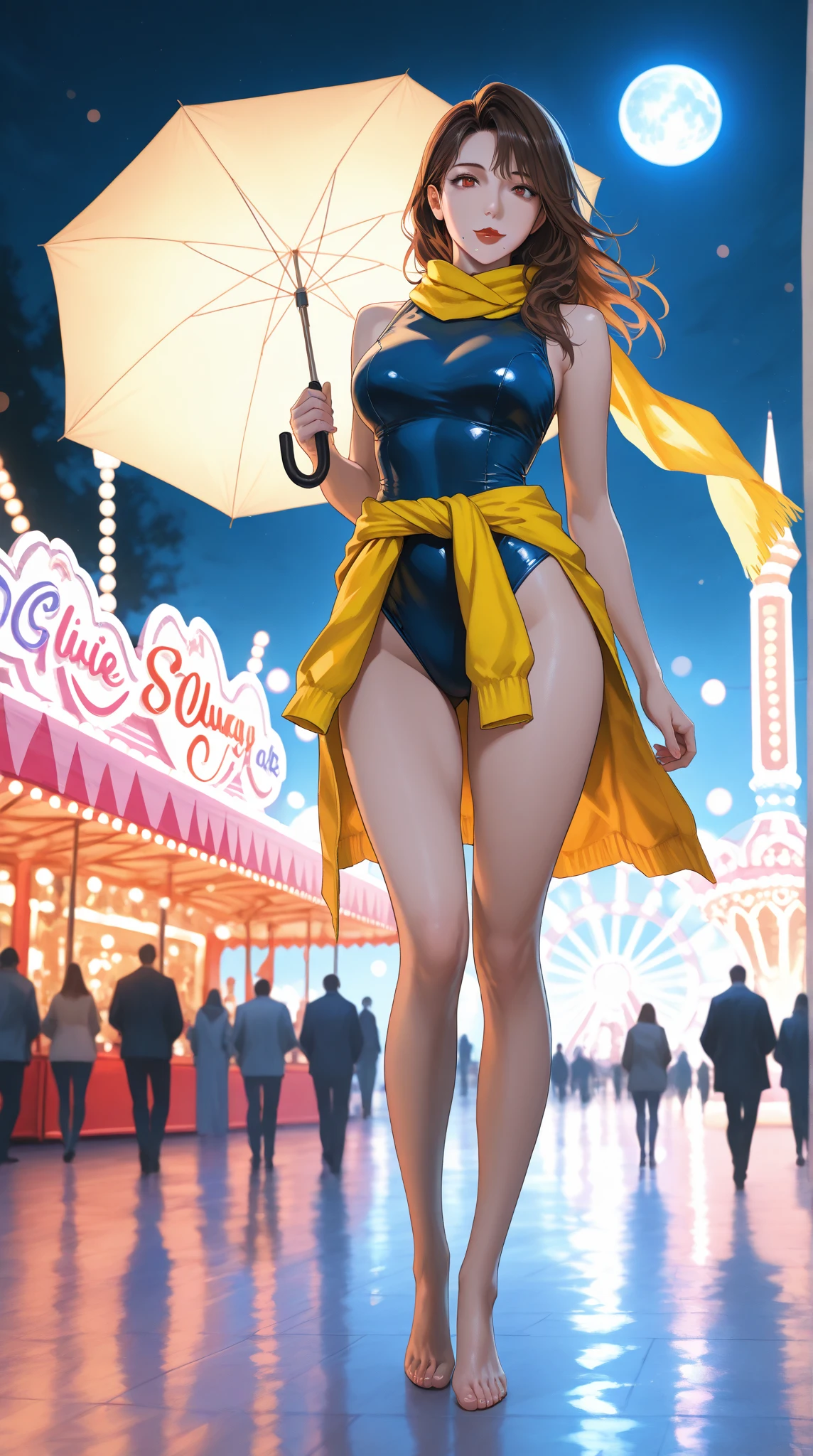 (high resolution, full body, soft skin:1.2, orange short hair),(best illustration,masterpiece:1.2),ultra-detailed,[(cat ears , orange inside:1.2, orange eyes),vivid colors,sharp focus,portrait,studio lighting,bokeh, wearing a 2 piece zebra bikini, midnight beach background, spotlight in background, walking on the beach