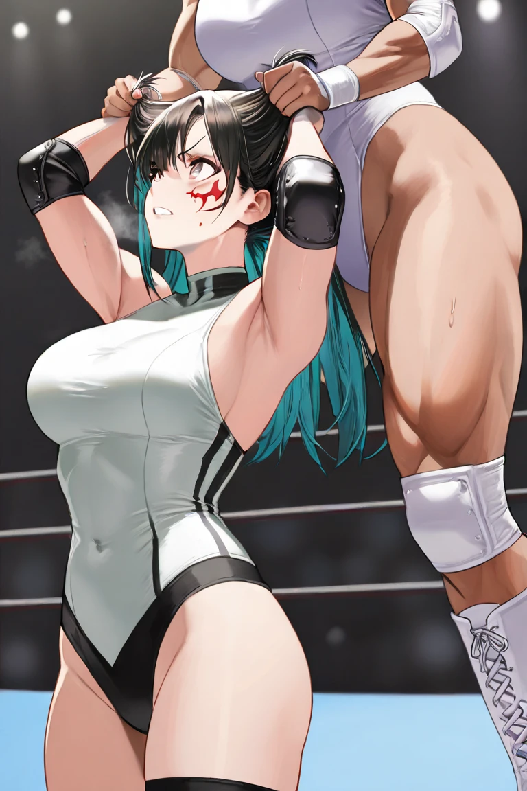 (((masterpiece))),(((best quality))),(ultra-detailed,high resolution:1.2),(illustration),((an extremely delicate and beautiful)),(detailed background), ((((hug from behind)))), sex from behind, standing sex, ((((motion lines)))), vulgarity, clothed, (((wrestling ring))), ((1girl)and(1muscular shota boy)), hetero, (1girl,tall stature),((((Bronya Rand/(Honkai:star rail/)))),official alternate costume, (slender body:1.4), (long hair,drill hair),grey hair,hair between eyes, grey eyes, (large breasts), pale skin,shiny skin, (rolling eyes,ahegao:1.4),(trembling), ((She wears white dress, black silk stokings,leggings,black footwear, thigh boots, elbow gloves,black gloves, long sleeves, sleeveless, jewelry,earrings)), (cum in pussy:1.4),cum on clothes,cum on breasts,excessive cum, clothing aside, clothed, ((((1muscular boy,tall stature)))),[[smug]],hair,large penis,dark-skinned muscular boy,interracial,txit,