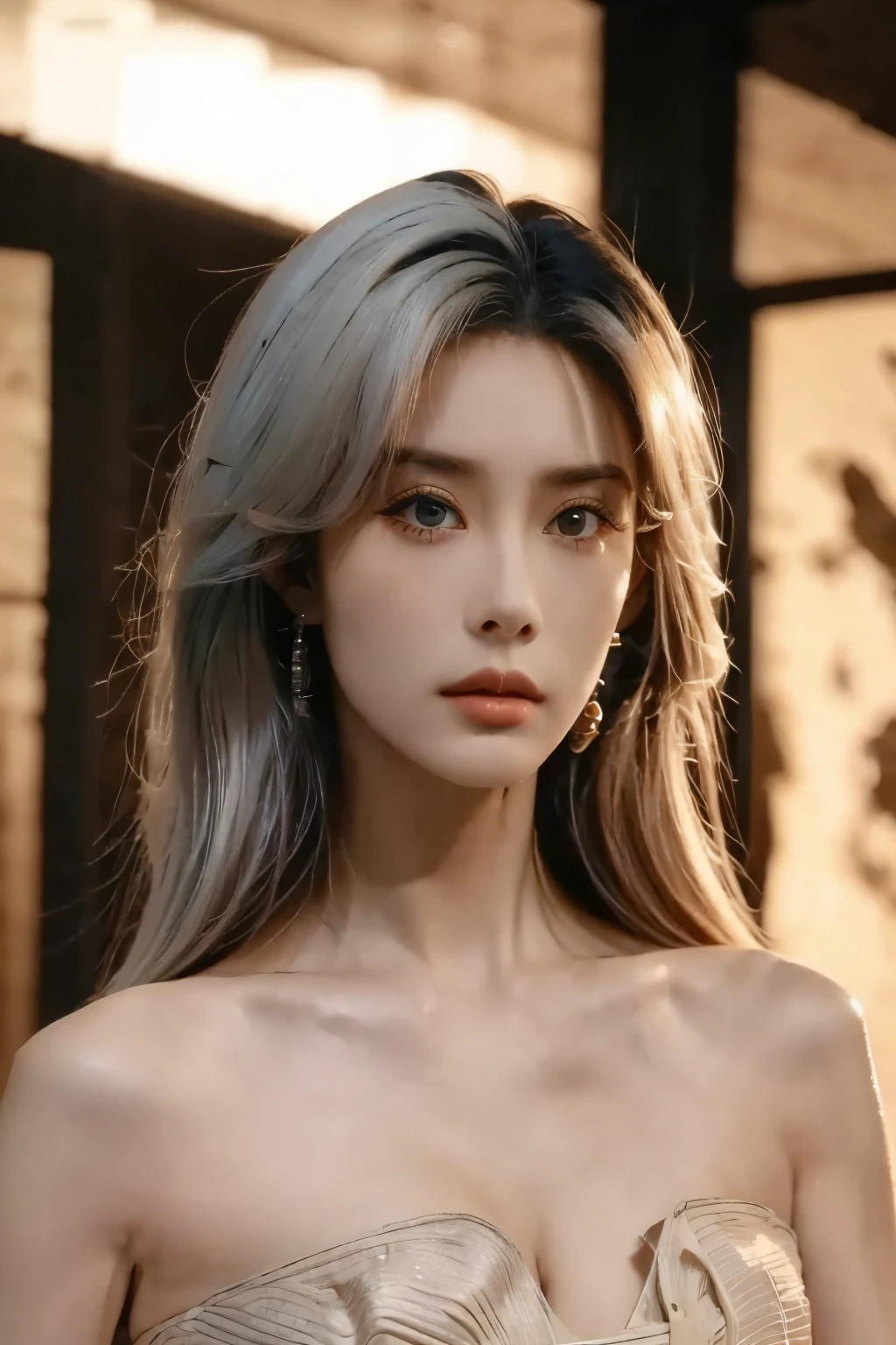 Beautiful Woman with Perfect Body:1.4,Layered Hairstyle,prominent cleavage:1.2,Highly Detailed Facial and Skin Textures,Double eyelids,Skin Whitening,has white hair,(Opening size:1.3)