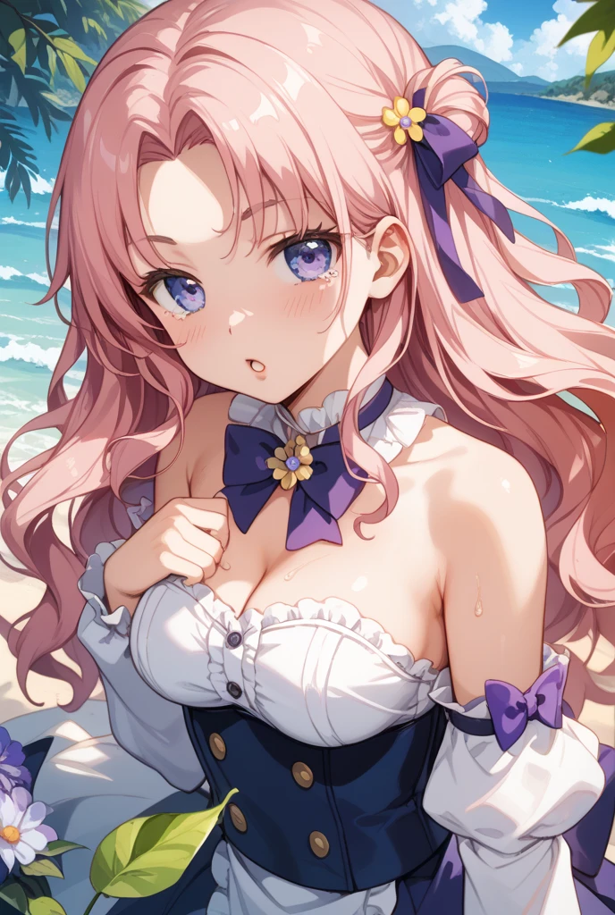 solo, pink hair, peach eyes, sweet smile, subtle blush, large chest