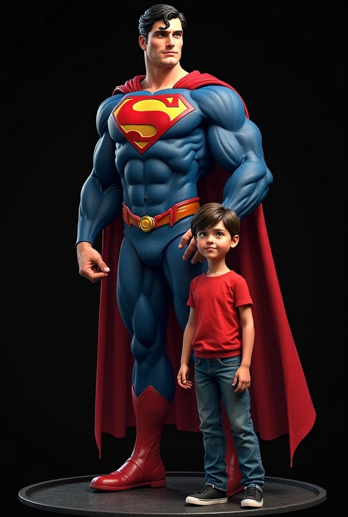 Make a boy. Ele tem 4 anos. Tipo Desenho da Disney. They are together with their father, who is dressed as a superhero. Pixar, 3D, Disney.