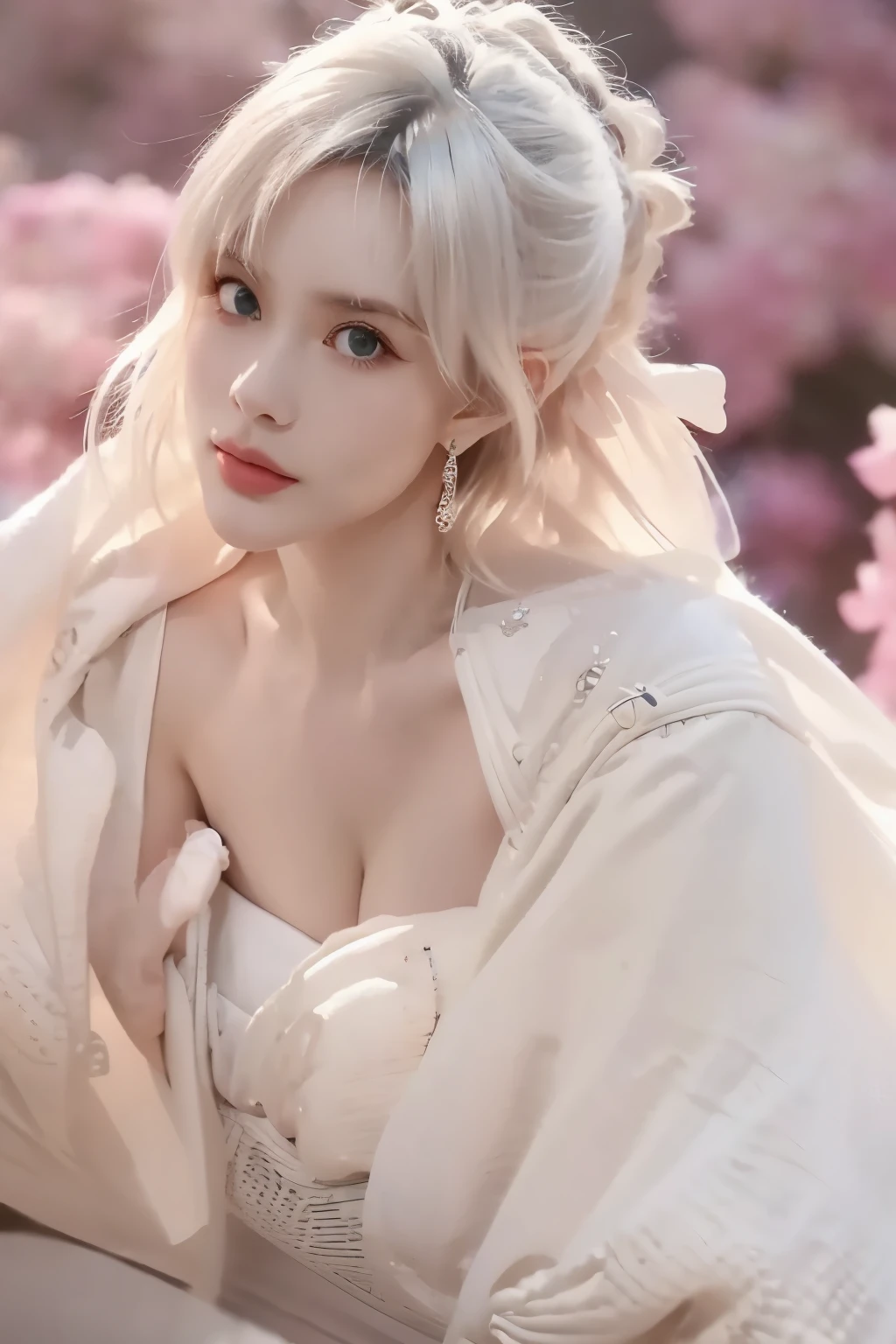 Beautiful Woman with Perfect Body:1.4,Layered Hairstyle,prominent cleavage:1.2,Highly Detailed Facial and Skin Textures,Double eyelids,Skin Whitening,has white hair,(Opening size:1.3)