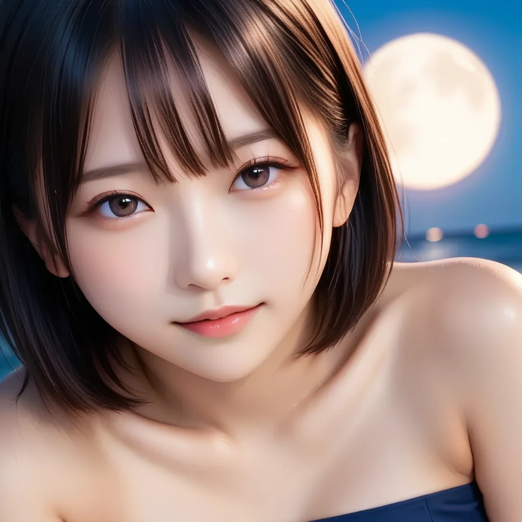 ((Highest quality)), ((masterpiece)), (detailed), Silhouette-Lighting , (Japanese), 14 years old, (Childish face), (Bob Hair), Girl, ,small Breasts, (naked),topless, (Blue eyes),half-smile ,Silhouette Lighting, (Moonlit Night) ,Looking up at the sky,, milky way, (from_behind) ,beach,Water's Edge,