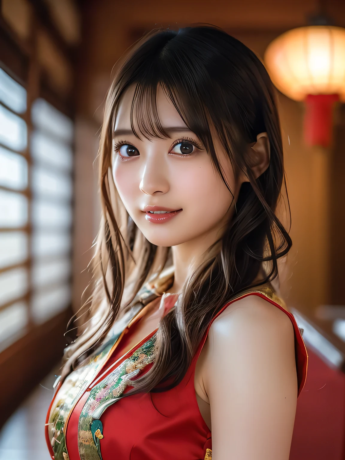 ((gorgeous Golden kimono)), (((smile:1.0, laugh:1.0))), 1girl, (korean:1.1), solo, makeup, highres, medium breasts:1.3, cleavage, looking at viewer, smile, bangs, bare shoulders, black hair, collarbone, crossed bangs, hair between eyes, hair ornament, hair ribbon, medium breasts, japanese clothes, long hair, parted lips, brown eyes, red kimono, red ribbon, striped ribbon, very long hair, wide sleeves,(shiny skin), night, detailed background, city, (chiaroscuro:1.1), (fine face detail:1.3), (Fine Eyes detail: 1.2), (Clear Face), (Detailed Face Description), (Detailed Hand Description),