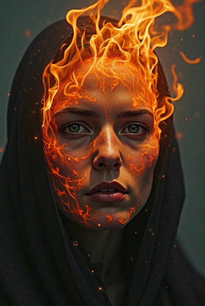 Create a stunning and vivid scene, mergulhando em uma paleta ardente de laranja, amarelo e vermelho para representar uma mulher imersa no inferno. In this cinematic portrait, she is surrounded by barbed wire, tridentes, caveiras e zumbis, evoking an aura of biblical suffering. Intense colors provide striking expressiveness to the image, enquanto a qualidade superior destaca minuciosamente cada detalhe. Utilize sombras habilidosas, inspiradas no estilo distintivo de Dom Casmurro, adding a mysterious and dramatic touch to the scene. All this splendor is guided by the unmistakable influence of Greg Rutkowski's style., resultando em uma