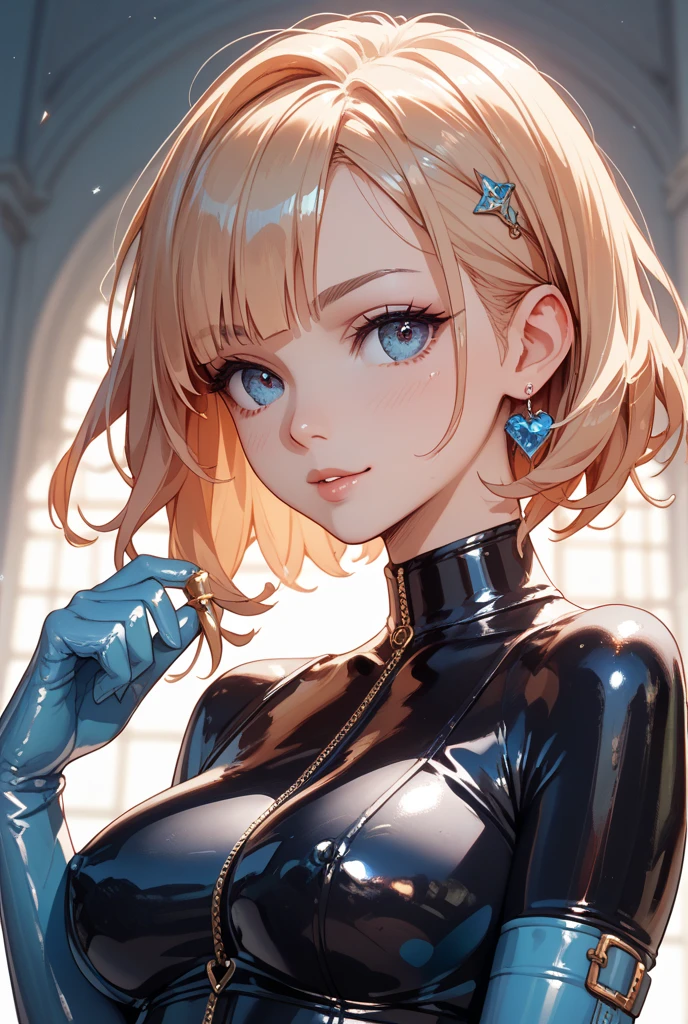 Anime, ((best quality)), ((masterpiece)), (detailed), 1girl, perfect face, happy face, smile, perfect hands, five finger, Fallout, portrait from the waist up, facing the camera, Crypt suit, perfect eyes, blue crypt suit, short blonde hair, slanted fringe, deep cleavage showing, giving thumbs up sign, suit unzipped to show off cleavage,