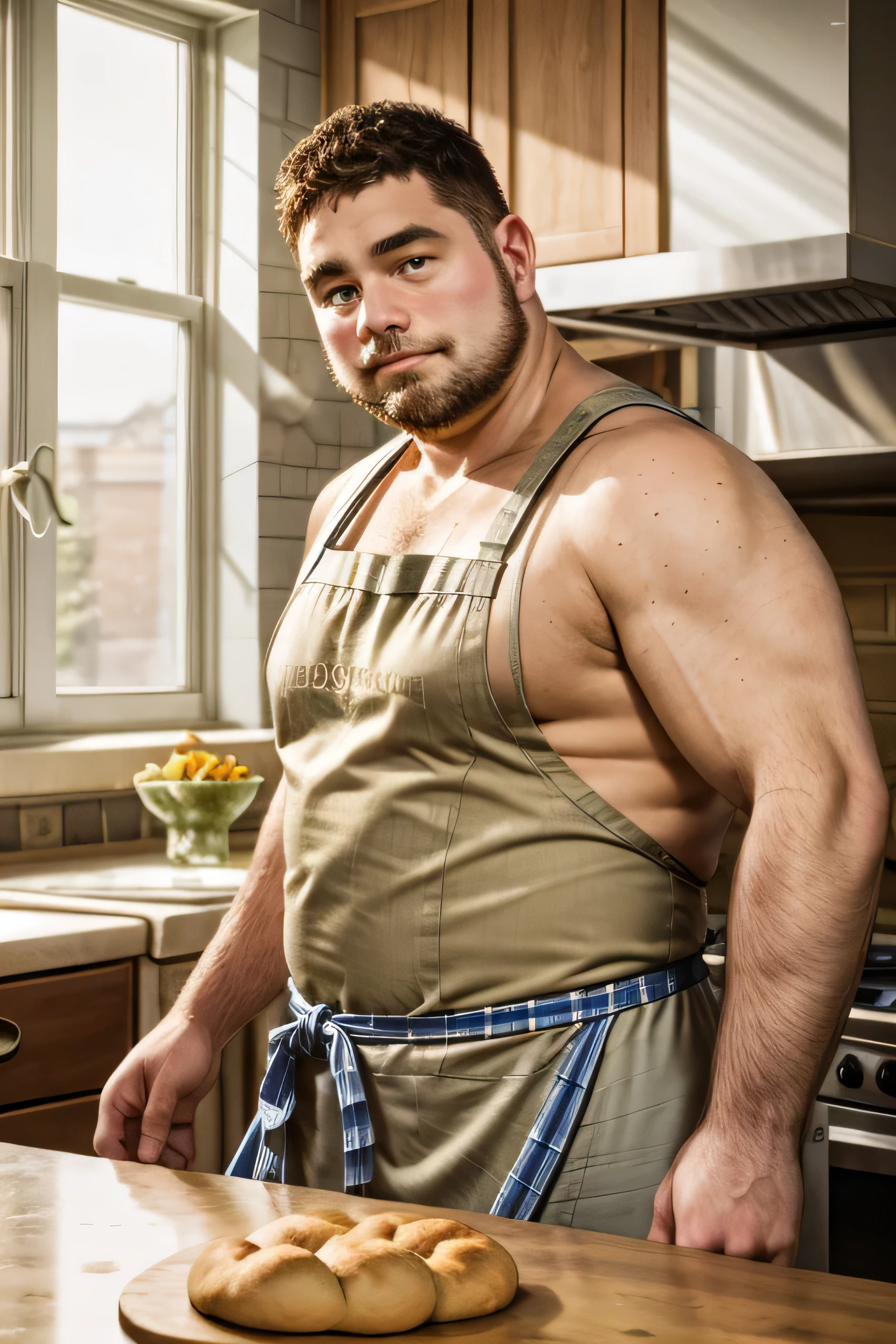 (8k, high definition, masterpiece) handsome super obese but buffed Caucasian baker. Wearing a white chef's apron over sleeveless tank top. chubby face. bushy armpit hair. Bearded. medium length hair. wearing khaki trousers. kneading a dough vigorously on a counter top. looking away from the camera. head turned slightly to the side. inside a dark sun-lit kitchen through a window on his left side. cozy kitchen with plaid mustard-yellow and royal blue color palettes. blurred background.