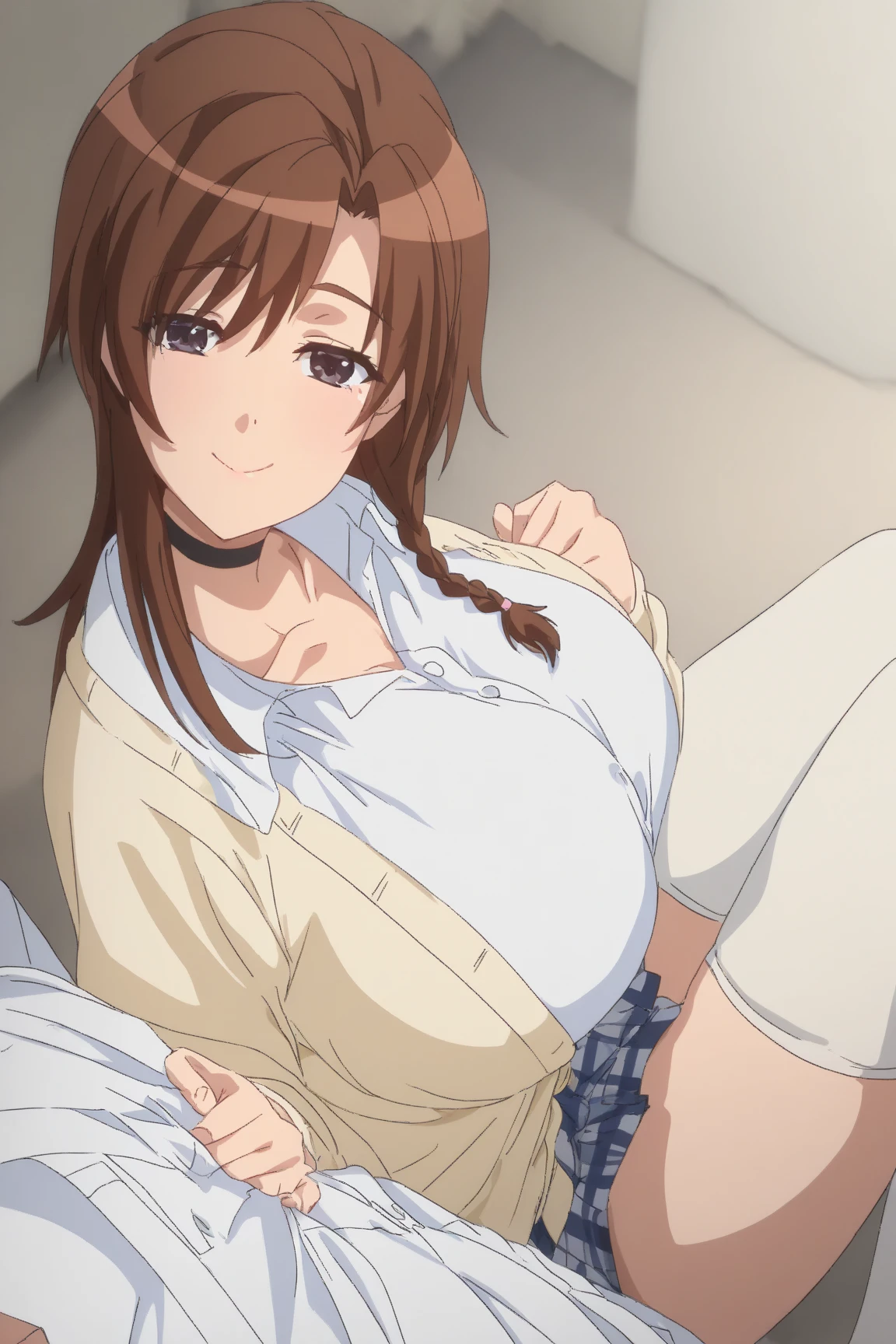 best quality, (masterpiece:1.2), highly detailed, indoors, sitting, on couch,
1girl, solo, gotou airi, one mole under eye,
looking at the viewer, large breasts, seductive face , mature female,
brown eyes, brown hair, long hair, necklace, earrings, purple shirt, pencil skirt, collarbone, crossed legs