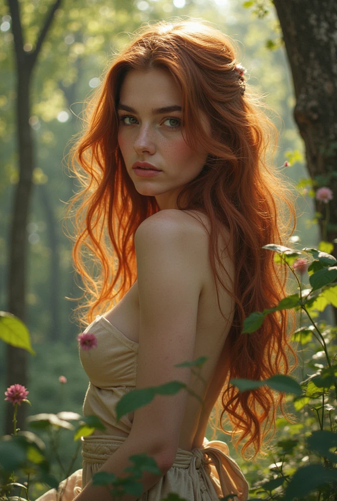 (((Masterpiece))), 25-year-old Caucasian French girl with shoulder-length messy red hair, adorned with , blooming hair akin to a royal . Captured in the best quality, this illustration serves as a 4K wallpaper, In the almost in forest