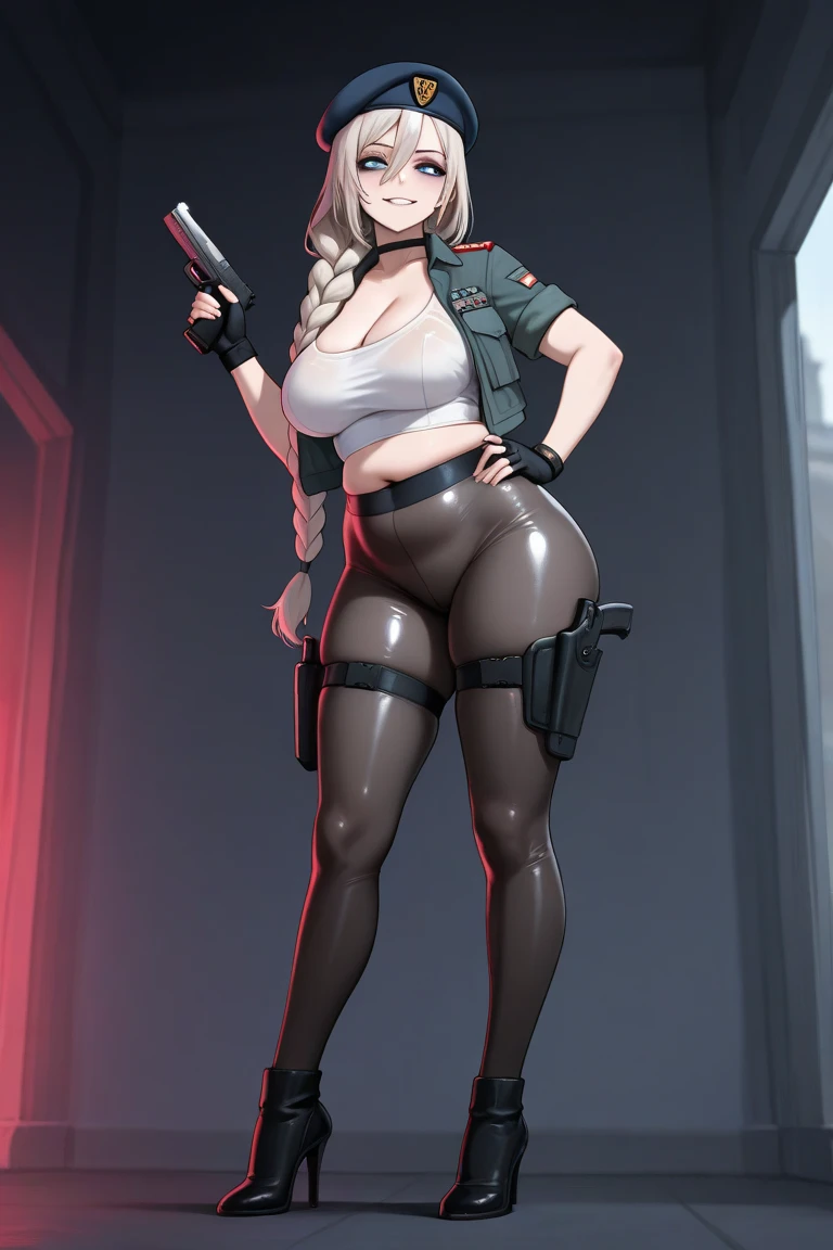 exited, smile, scream, Open mouth, young girl, Pullover, whole body to see, ponytail brown hair, (( very wide hips)), (((colossal Thighs, gigantic thighs, very huge thighs, very big thighs))), fullbody, platform heels, pale skin, very Big breast, gun, soldier girl , full body, military , high cut leotard, cyberpunk, battle, leg garterbelt,